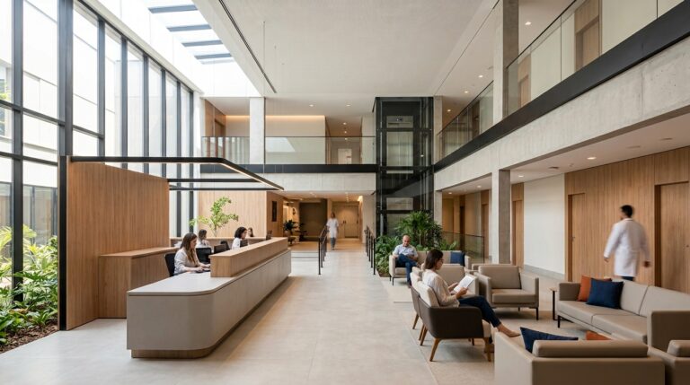 Ambiente hospitalar contemporâneo com arquitetura funcional e circulação organizada