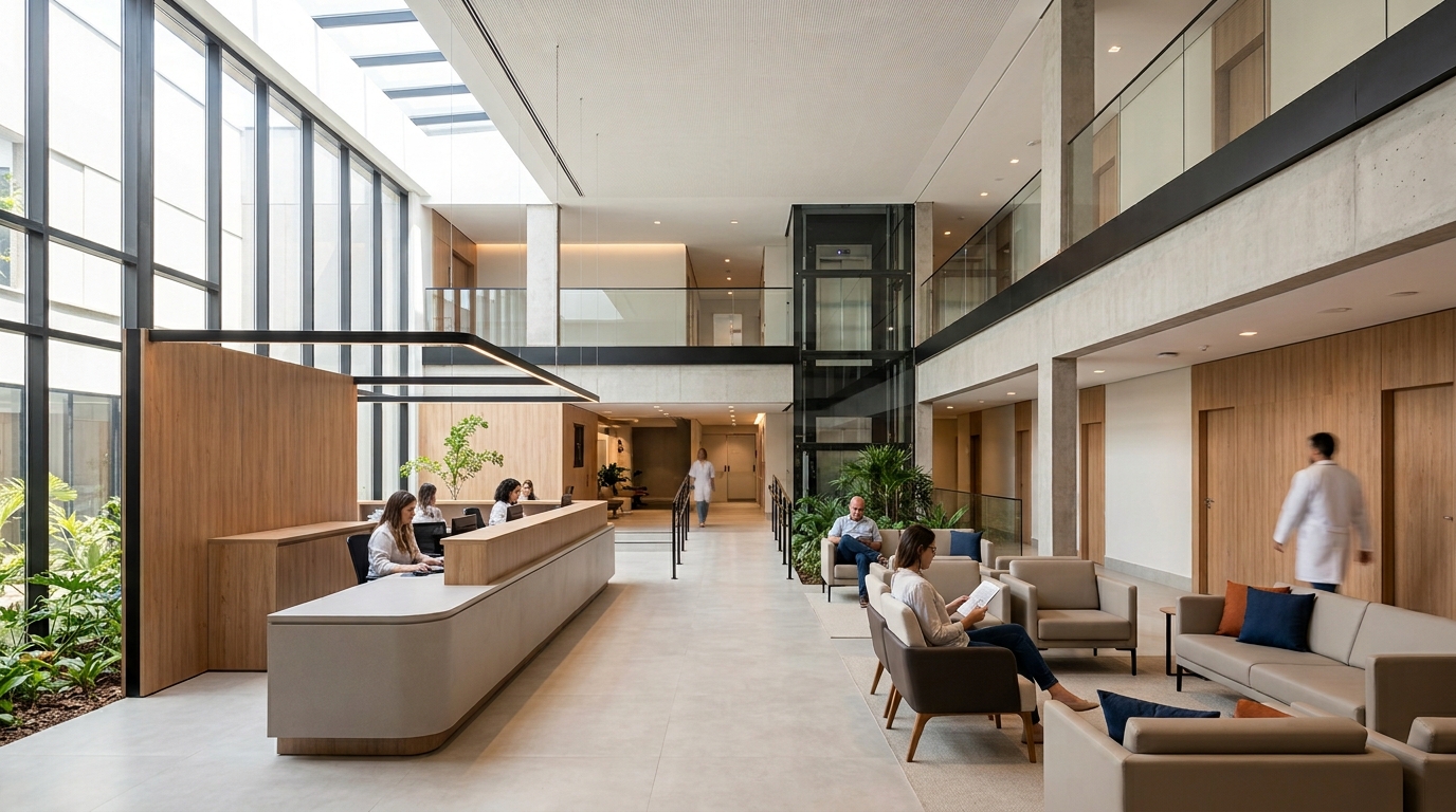 Ambiente hospitalar contemporâneo com arquitetura funcional e circulação organizada